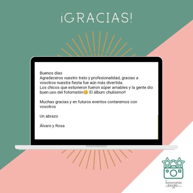 ¡Acabar la semana con este email nos hace felices! Gracias de 💚 por confiar en nosotros para vuestro gran día.
¡Seguimos!  #tufotomatondeboda #fotomaton #fotomatones #photobooth #photocall #MeCaso #MiBoda #Fiesta #Opinion #Madrid